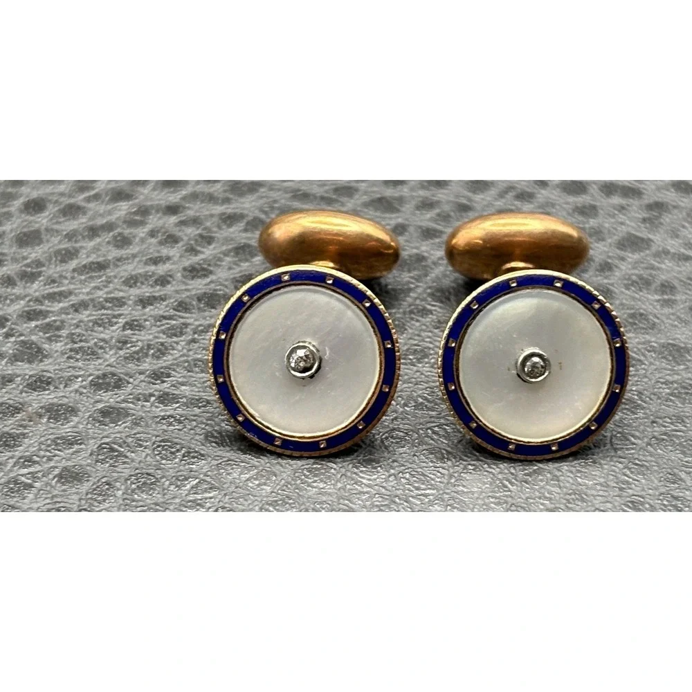 Carter & Howe 14K Gold Mother of Pearl Blue Enamel Diamond Cufflinks Art Deco